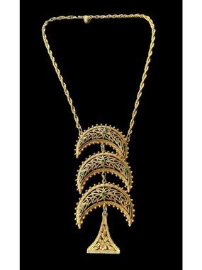 Vintage Etruscan Revival Triple Crescent Bib Necklace Floral Filigree Gold Tone